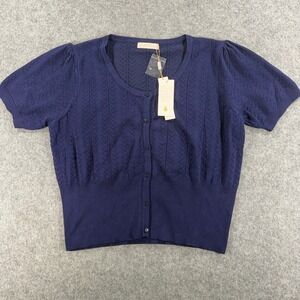Belle Pogue Womens Navy Blue Pointelle Short Sleeve Button Cardigan Sweater 2XL